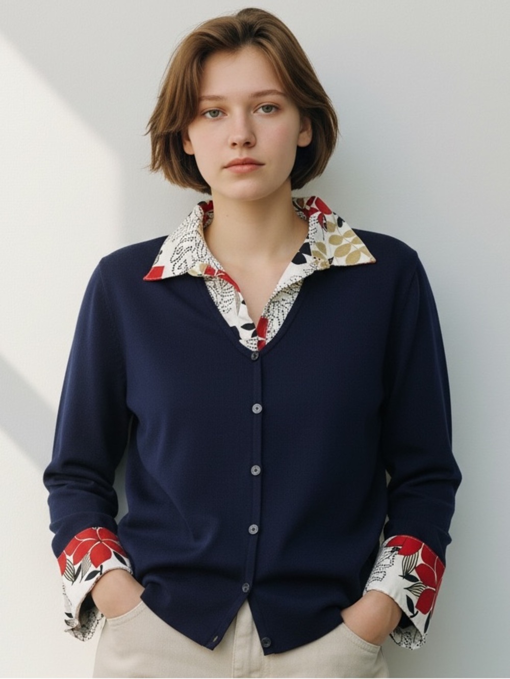 Alfred Dunner Red Navy Floral retro Sweater Blouse Large Petite